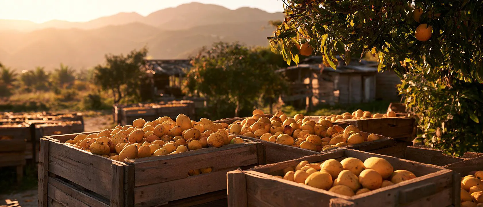 Crates of freshly harvested mangoes ready for export