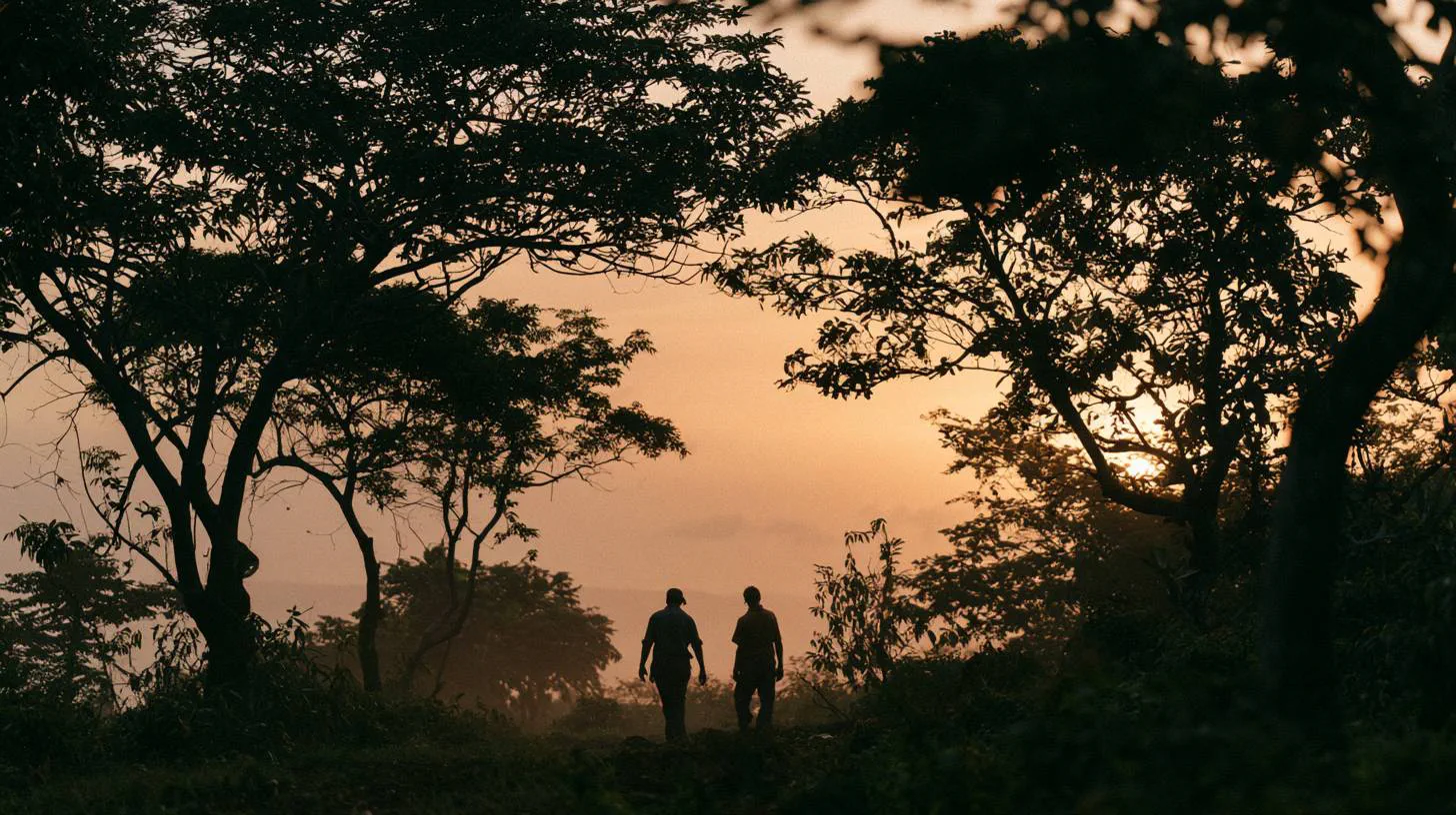 Growers walking among the mango trees at dusk